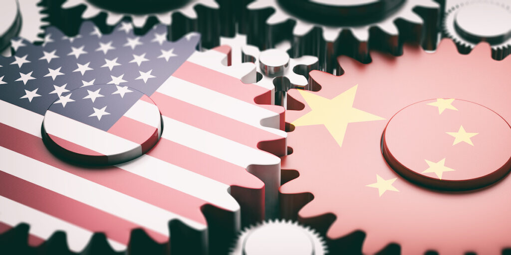 China and USA relations concept. China and US of America flags on metal gears. 3d illustration